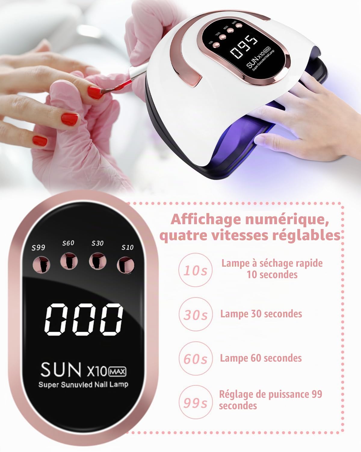 220W LED Nail Polish UV Lamp, Professional LED UV Nail Polish Dryer | With 60 Lamp Beads, 10/30/60/99S Fast Drying, For All Gels, Automatic Nail Polish Machine (rose)