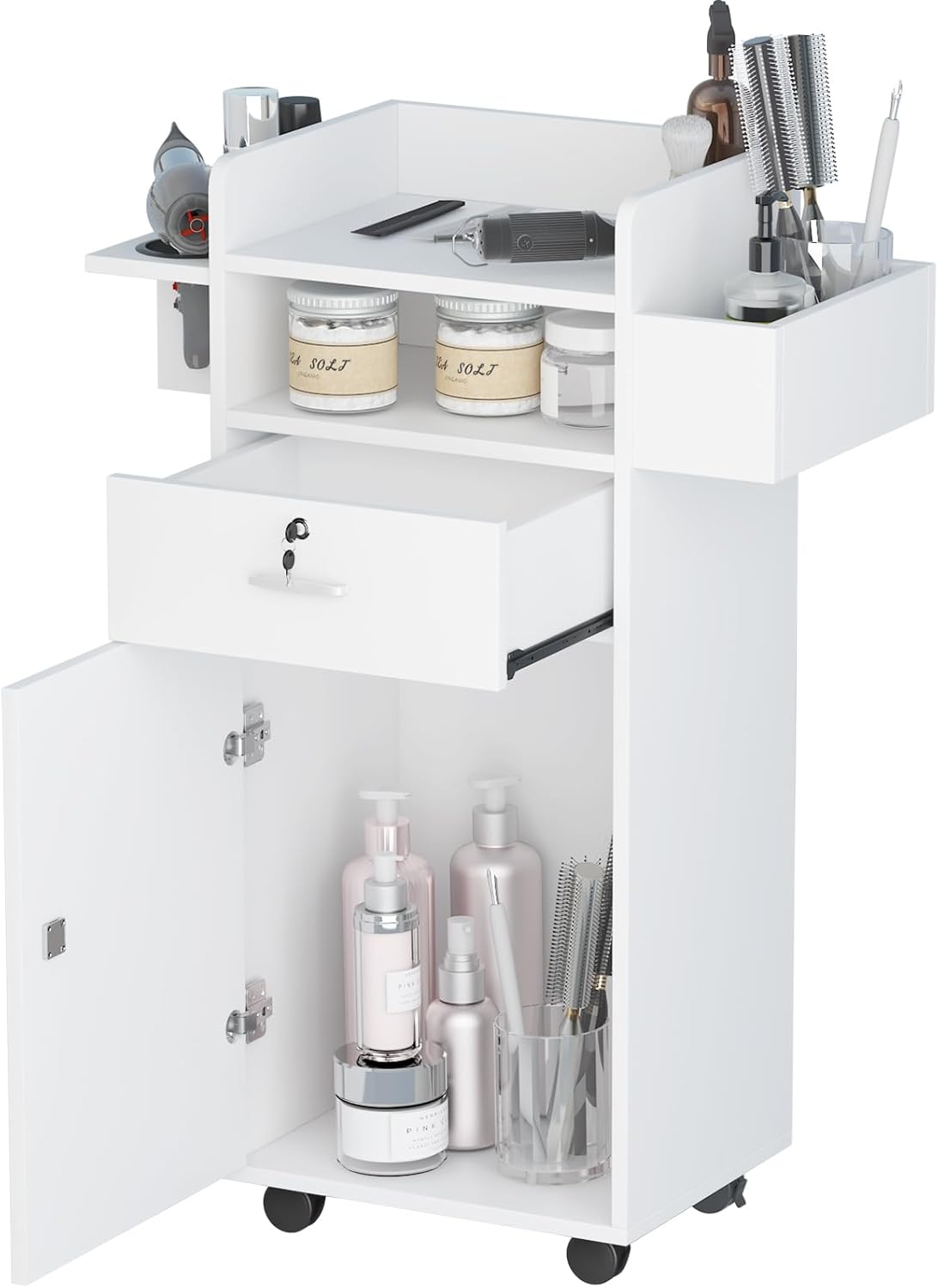 Salon Station,Versatile Salon Stations for Hair Stylists with Locking Drawers and 3Tool Holsters Salon Storage Trolley Cart for Home Salon (15.7 "X 12.6" X 37.4" White)