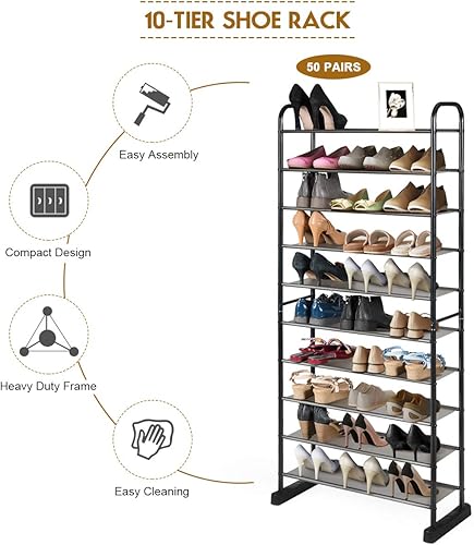 Miniatura 5 de LDAILY Moccha - Zapatero de pie de 10 niveles, organizador de zapatos que ahorra espacio con marco de metal, organizador de almacenamiento para