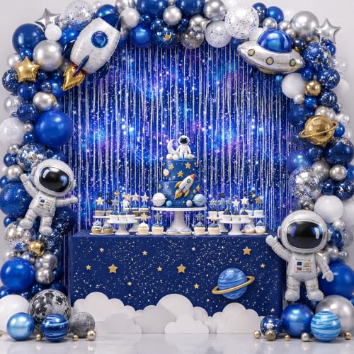 Image of 4 Packs Galaxy Foil Fringe Curtain, Blue Glitter Metallic Tinsel Backdrop for Birthday Baby Shower Outer Space Alien Party Decorations Supplies