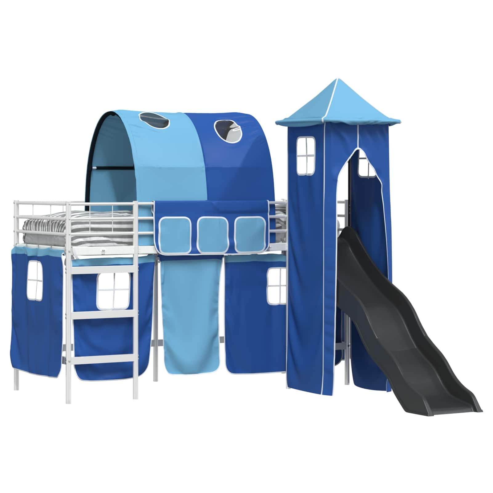Homgoday Hochbett mit Rutsche und Vorhang, Metallrahmen, blau-schwarz, für Kinderzimmer - Hochbett Turm Hochbett Model42020899