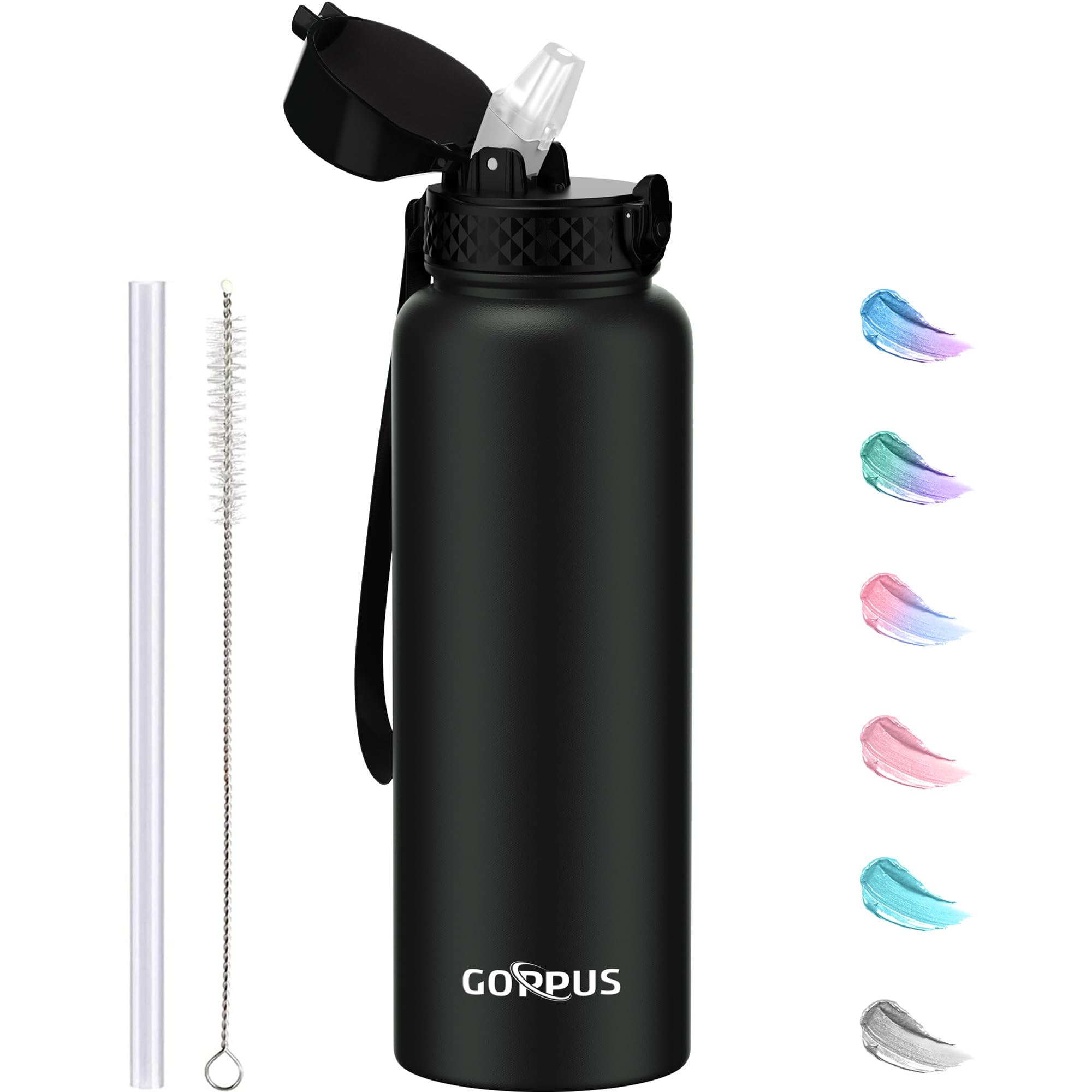 GOPPUS 1.2L/40oz Borraccia Inossidabile con Cannuccia Borraccia per Acqua Termica Fredda Borracce in Acciaio a Doppia Parete Borracce Isolate a Tenuta Stagna Borraccia per Adulti Flip Top