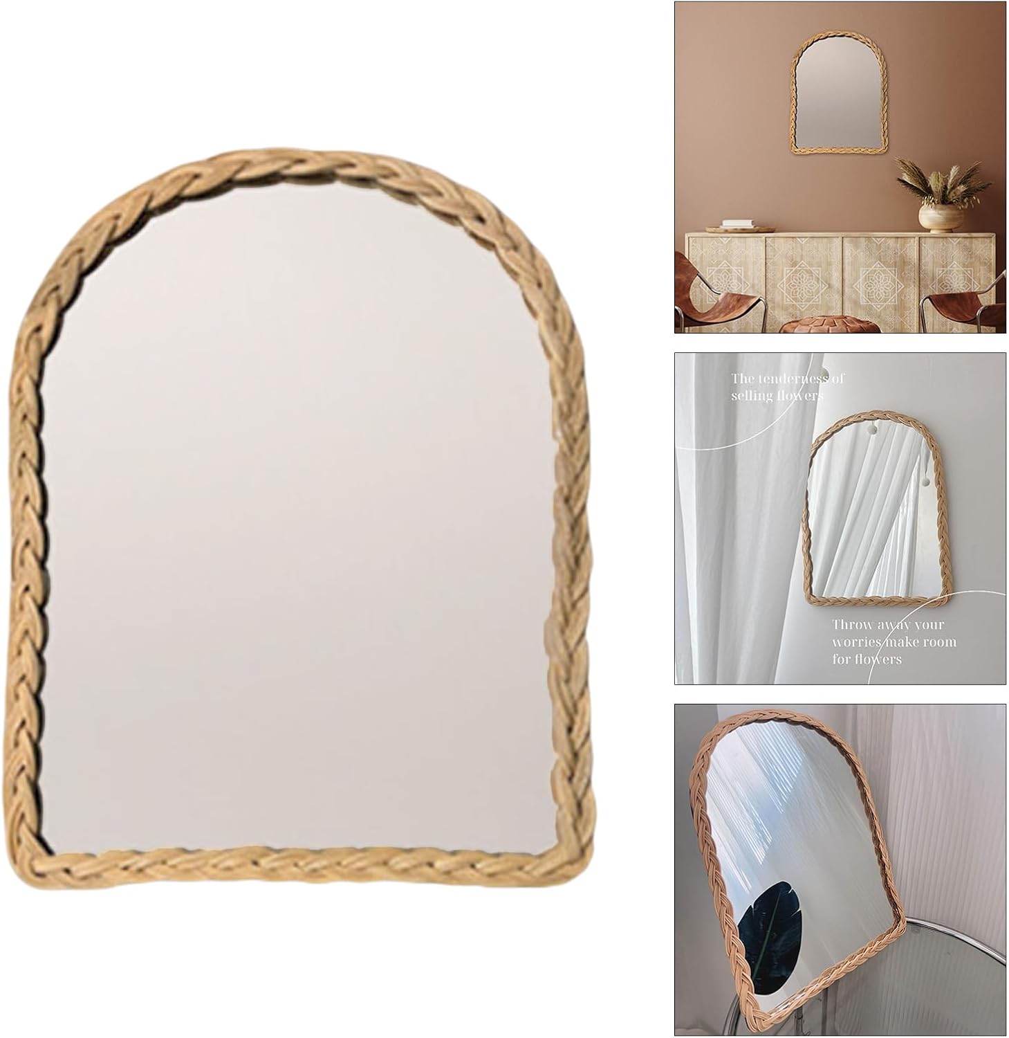 Monghuis Vintage Rattan Woven Mirrored with Wood Frame Arched Wall Hanging Makeup Mirrored for Home Decors Enhancing Living