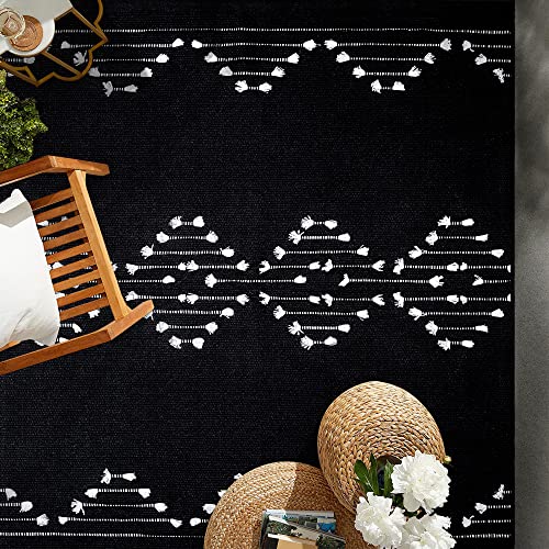 Agelmat Boho Rug 4' X 6' Black Machine Washable Moroccan Bedroom Rug Farmhouse Indoor Outdoor Floor Mat Woven Cotton Area Rug For Living Room Dining Room Balcony #TOP2