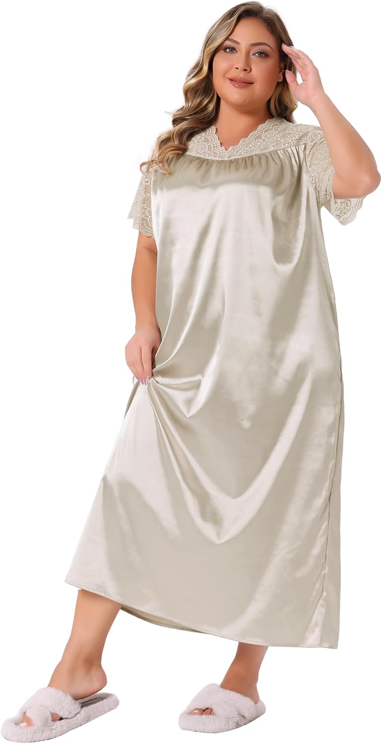 Agnes Orinda Plus Size Satin Silk Nightgown for Women Lace V Neck Short Sleeve Maxi Sleepwear Nightshirt Sleep Dress - Image 3