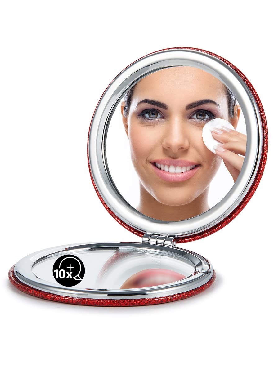 OMIRO Compact Mirror with 1x/10x Magnification, Round with PU Leather, Ultra-Portable for Purses and Travel (Glitter Red)