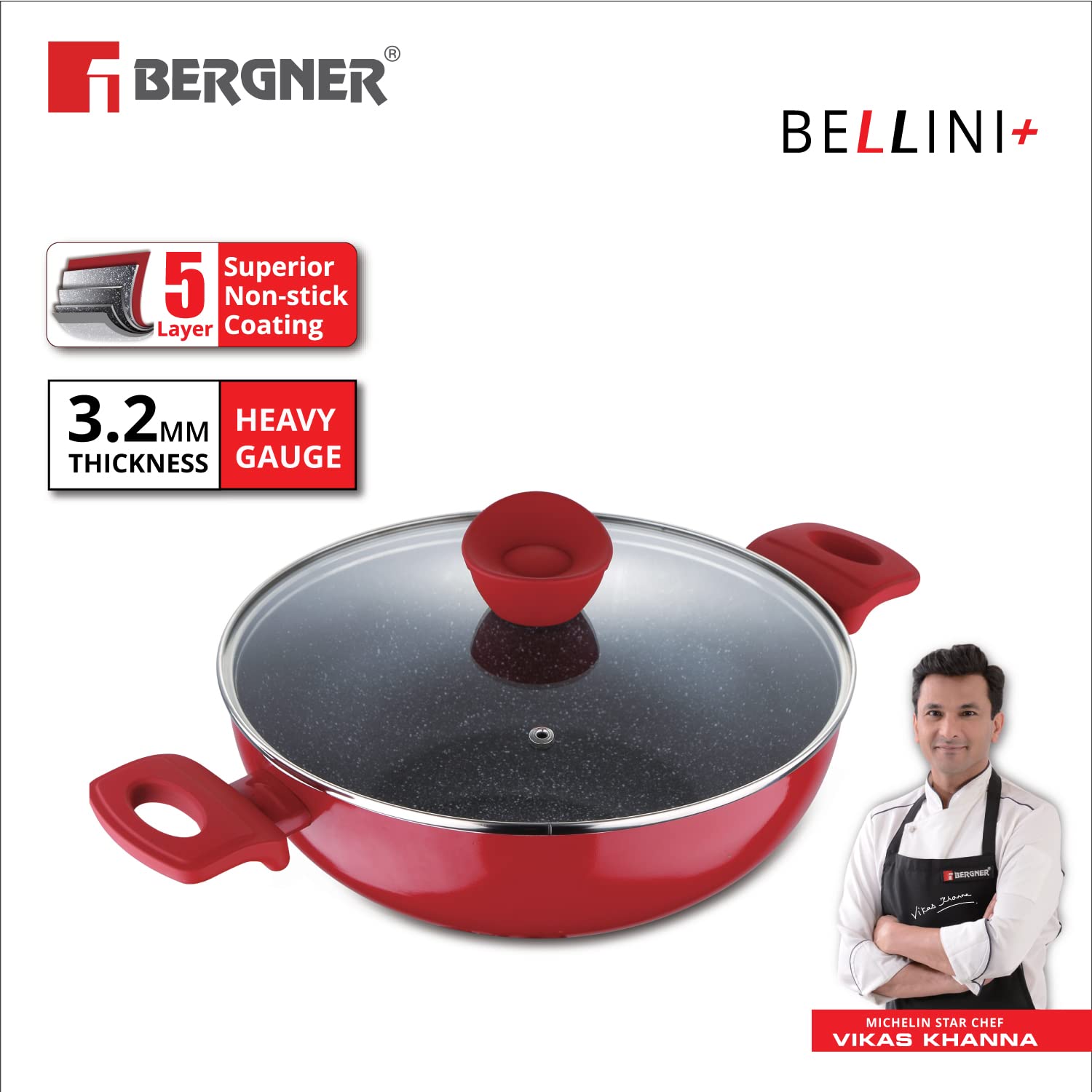 BERGNER Bellini Plus Press Aluminium Kadai with Glass Lid, 28 Cm Induction Base, Red - Image 2 thumbnail