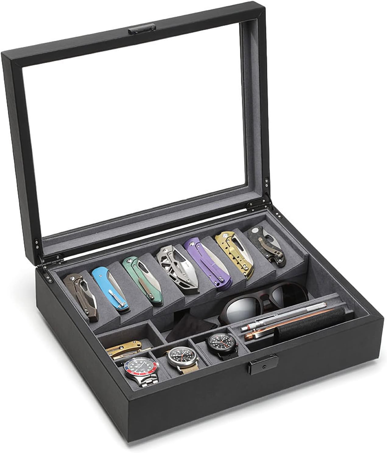 Kaviso Cache Display Valet - EDC, Blade, Watch, and Jewelry Locking Storage Case, USB Pass-through, Microfiber Lining, Faux Leather, Stackable (Valet) Black