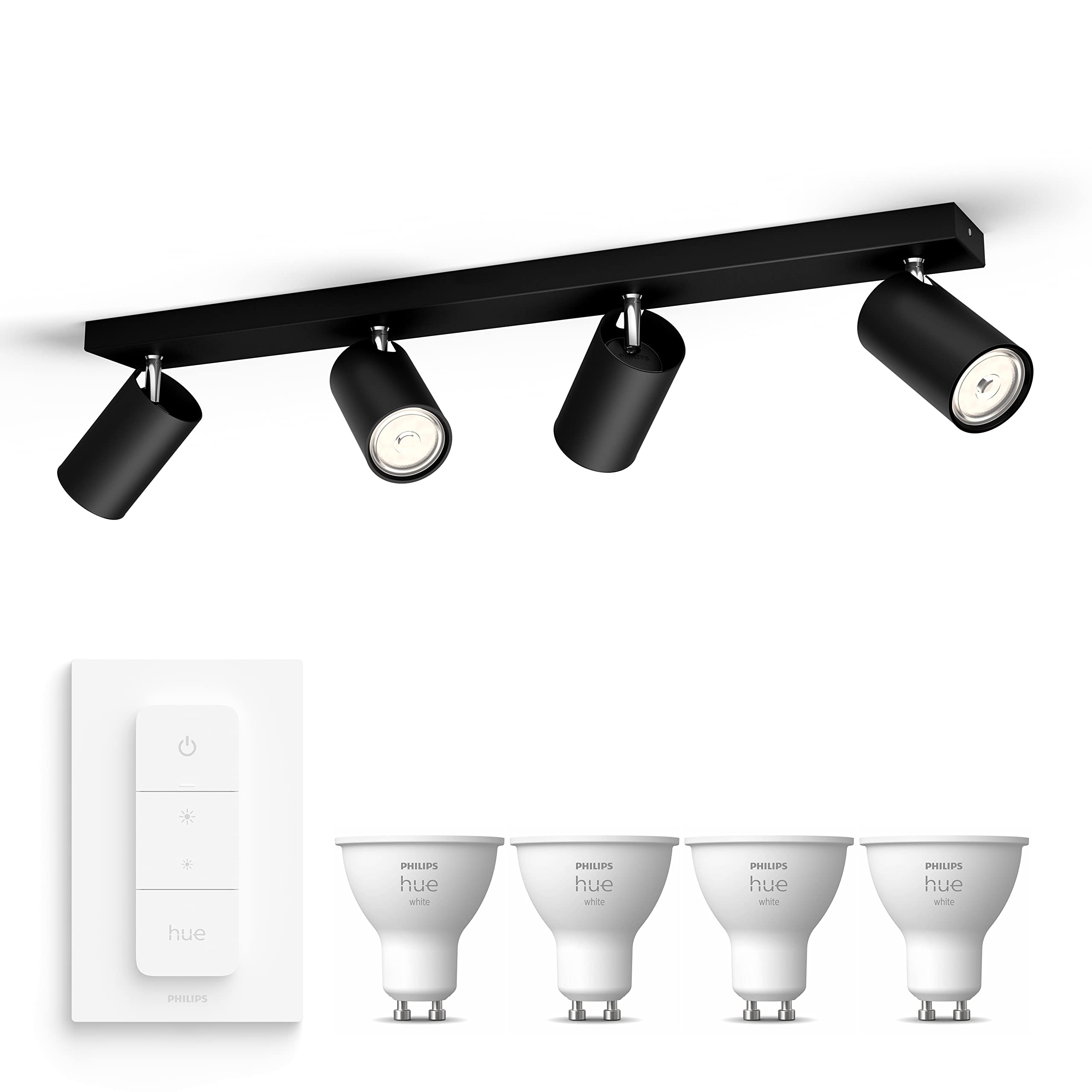 Philips Hue Kosipo Foco (Negro) - 4 luces - Blanco cálido | Incluye Hue Dimmer Switch - Foco de techo - GU10 - Hue White