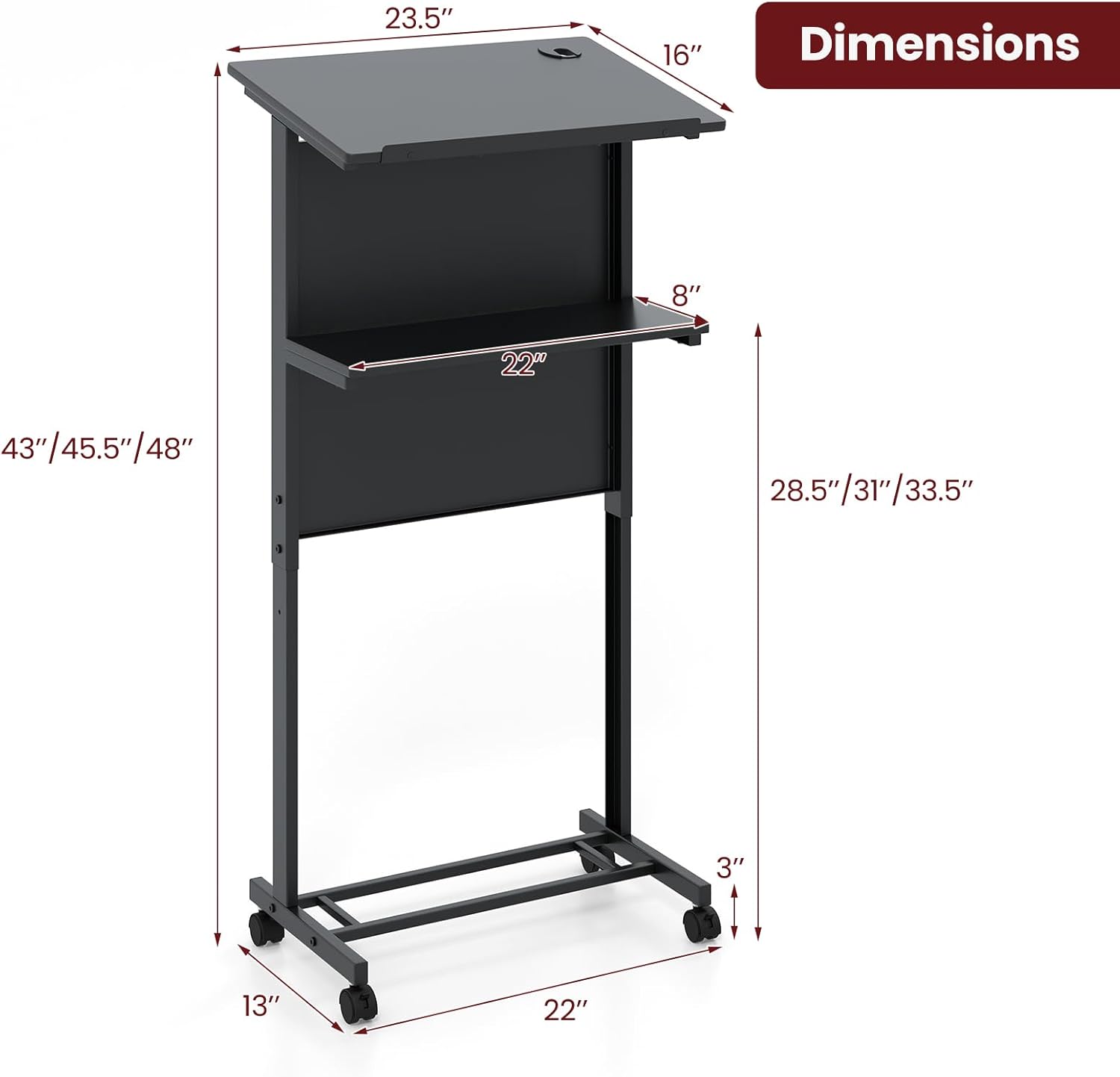 Diagram showing the dimensions of the podium stand