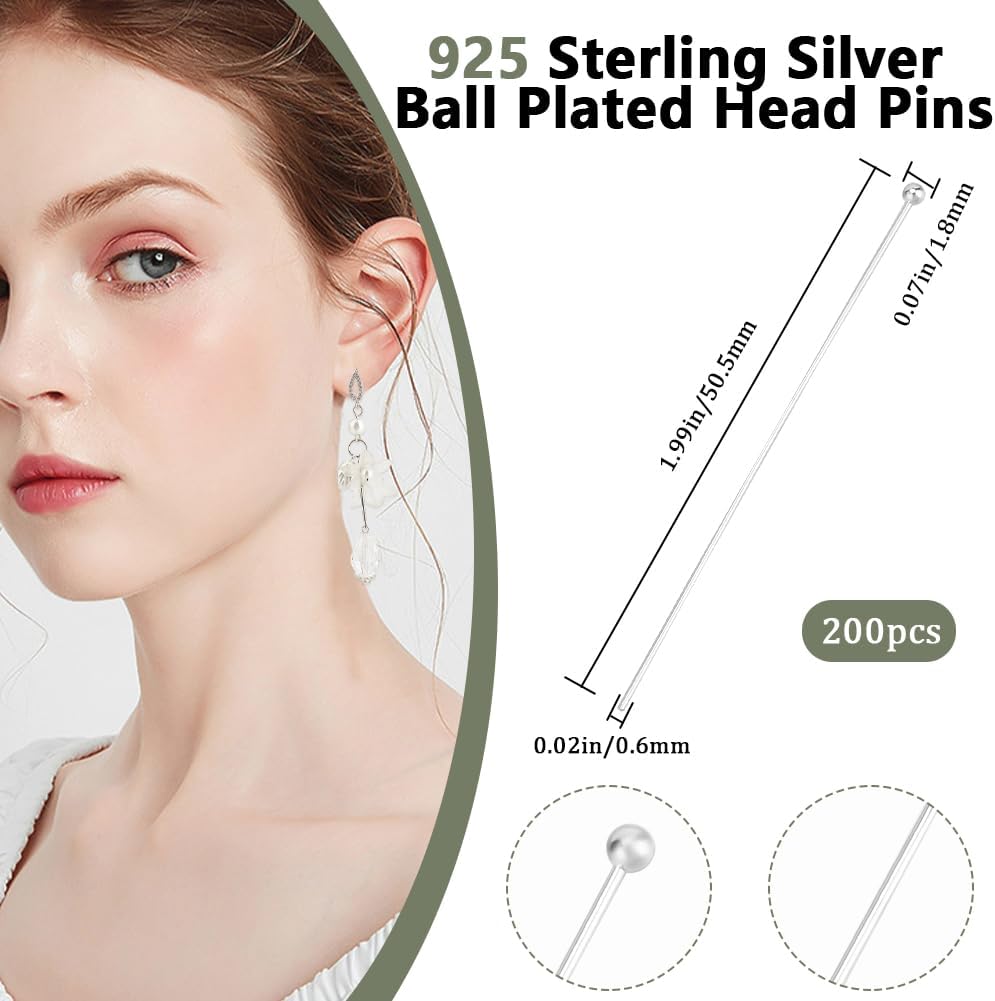 Beebeecraft 1 Box 200Pcs Ball Head Pins 925 Sterling Silver Plated Brass 50mm Earring Pins Silver Ball Pins for Jewellery Making Accessories DIY Earrings