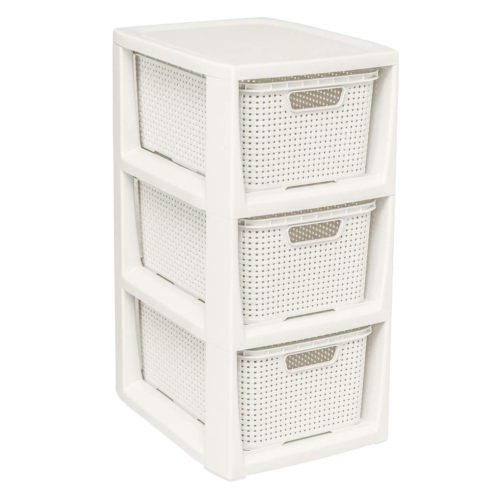 BranQ Home essential Shelving Unit in Rattan Design, Plastic, Polypropylene, Cream, 29.5 x 24 x 48.7 cm