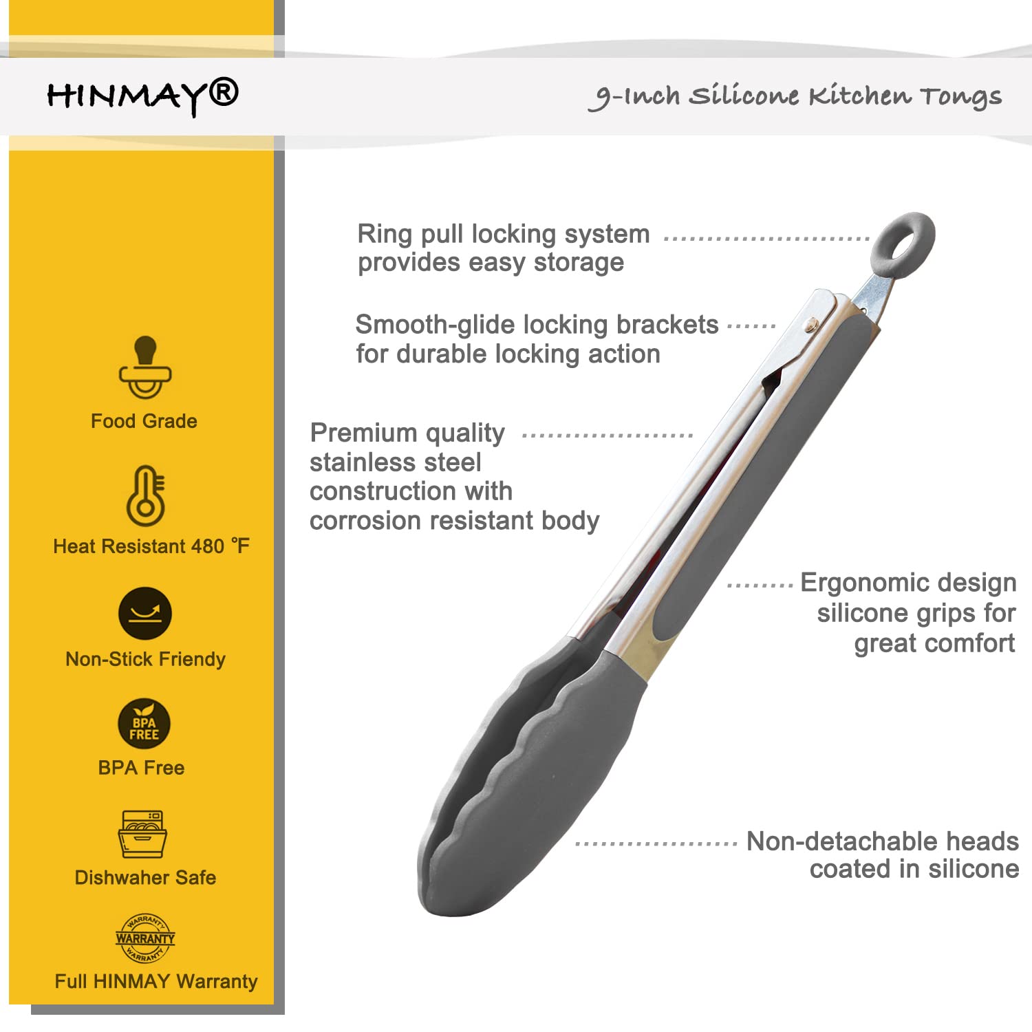 HINMAY Pinzas de cocina con puntas de silicona de 9 pulgadas de acero inoxidable, juego de 3 (gris)