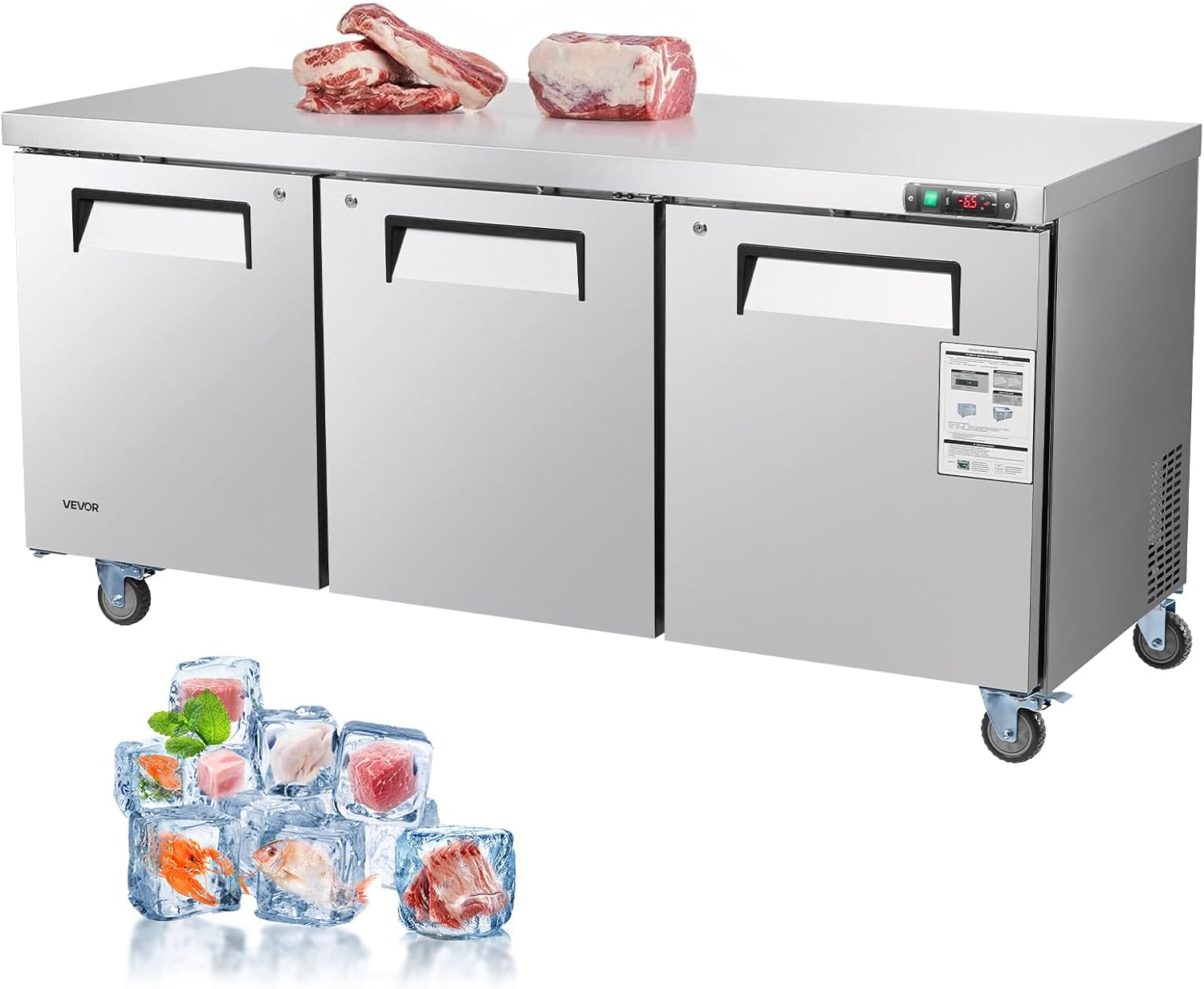 VEVOR 72" W Commercial Freezer, 17.7 Cu.Ft Worktop Freezers Undercounter with LED Auto Lighting and Lockable Door, 3 Doors Food Freezing Prep Worktable, Stainless Steel Prep Frozen Table with Casters