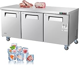 VEVOR 72" W Commercial Freezer, 17.7 Cu.Ft Worktop Freezers Undercounter with LED Auto Lighting and Lockable Door, 3 Doors Food Freezing Prep Worktable, Stainless Steel Prep Frozen Table with Casters