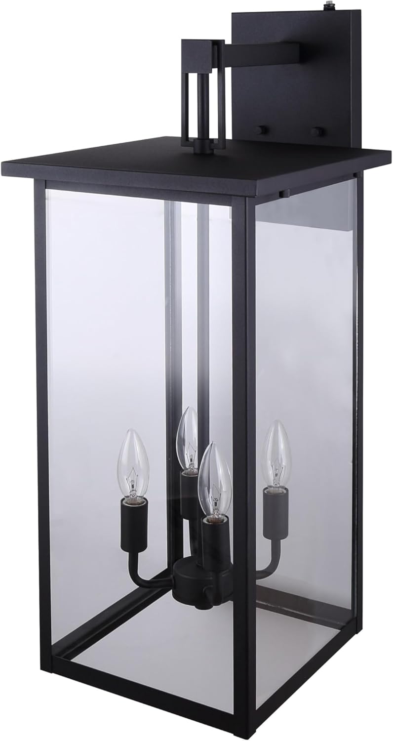 Canarm Lighting | IOL652BK | Large Modern Four Bulb Outdoor Steel Wall Sconce with Dusk to Dawn Photo Cell | Anti-Rust Powder Coat Black with Clear Glass Shade | Fast Installation with Easy Connect