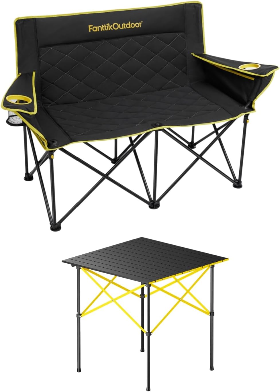 FanttikOutdoor Zeta V11 Pro Camping Table, Portable Folding Roll Up Table Large Zeta L11 Duo Pro Double Camping Chair, 2 Person Portable Folding Couch, Black