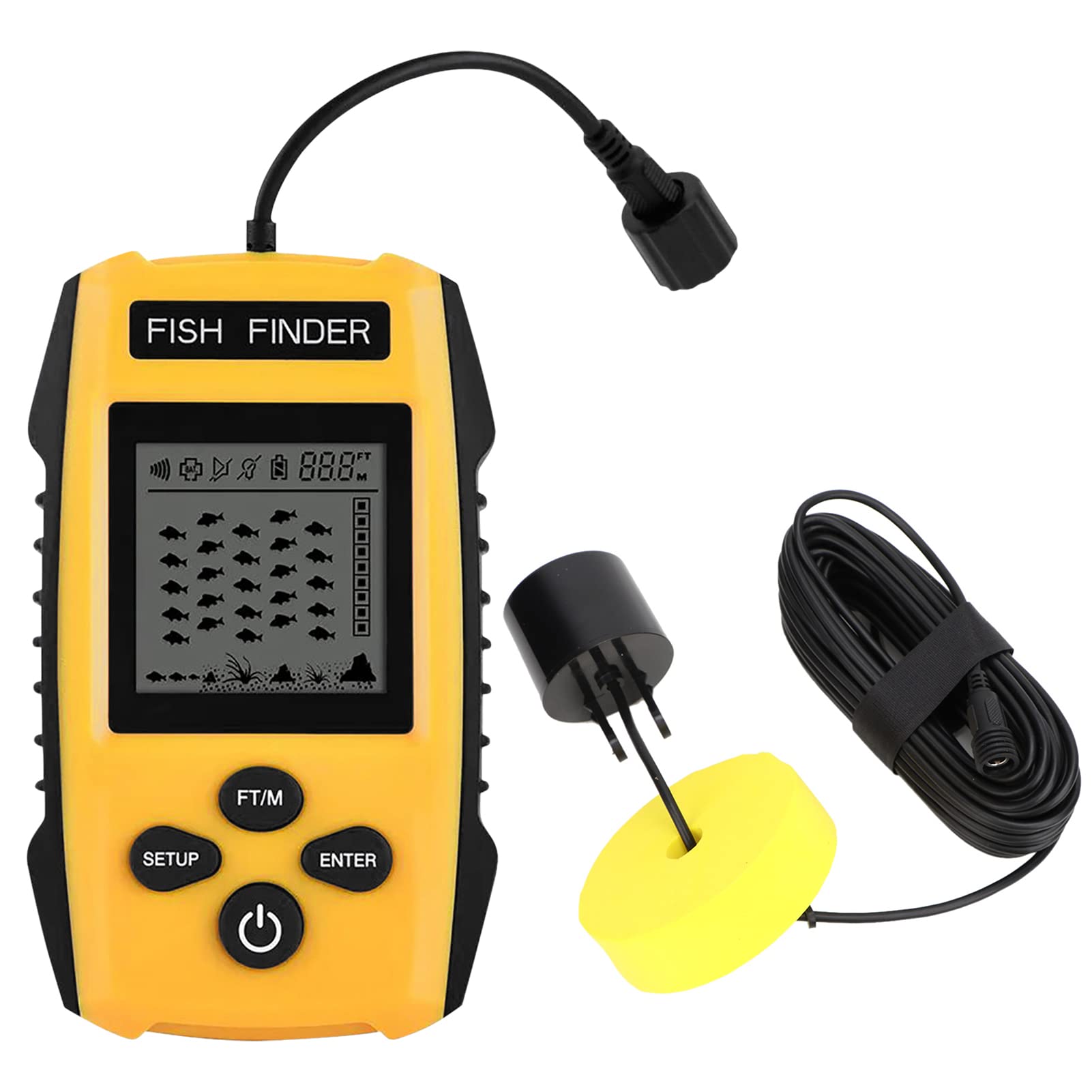 Fischfinder & Tiefenmesser, Konturanzeige für Fischereiausrüstung Fischtiefen-Tiefenanzeige 3 m (1 m) bis 100 m (3 ft) bis Fishing Finder Kayak, Sonarsensor-Wandler und LCD-Display für Bootsfischerei,