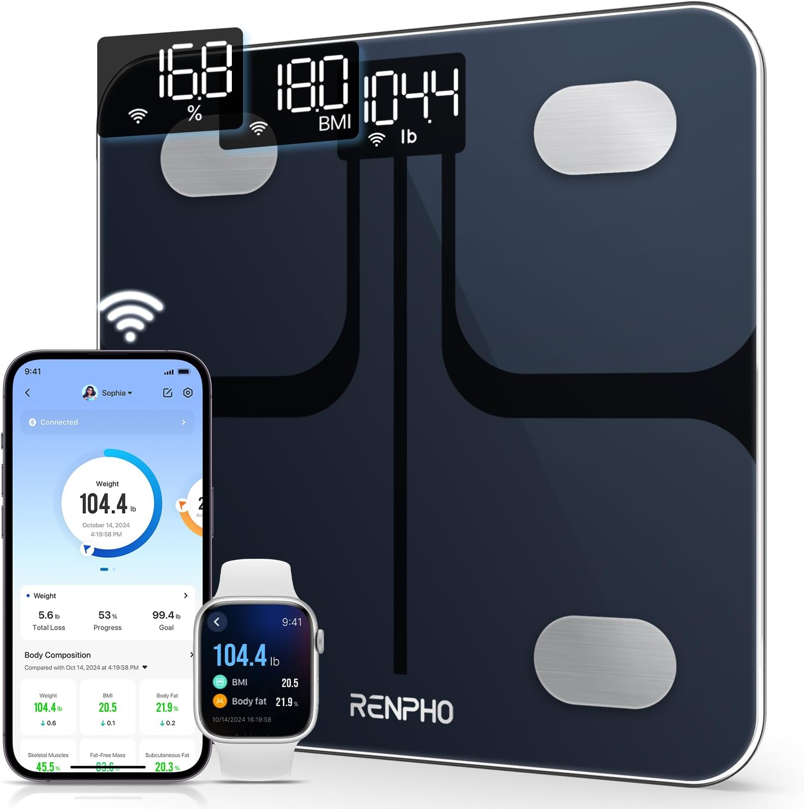 RENPHO Wi-Fi Bluetooth Scale Smart Digital Bathroom Weight BMI Body Fat Scale Tracks 13 Metrics, Wireless Body Composition Analysis & Health Monitor with Lighted LED Display - Elis Aspire