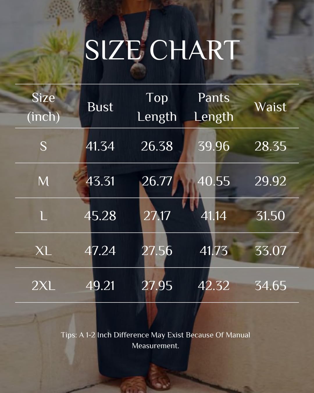 Womens 2 Piece Linen Sets Outfits Round Neck 3/4 Sleeve Tunic Tops Wide Leg Pants With Pocket Casual Vacation Sets