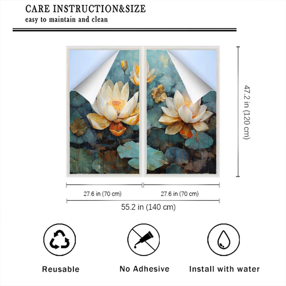 Pellicola per finestre rustica con fiore di loto in fiore, per la privacy rurale, non adesiva, decorativa, statica, per casa e ufficio, 70 x 120 cm, 2 pezzi