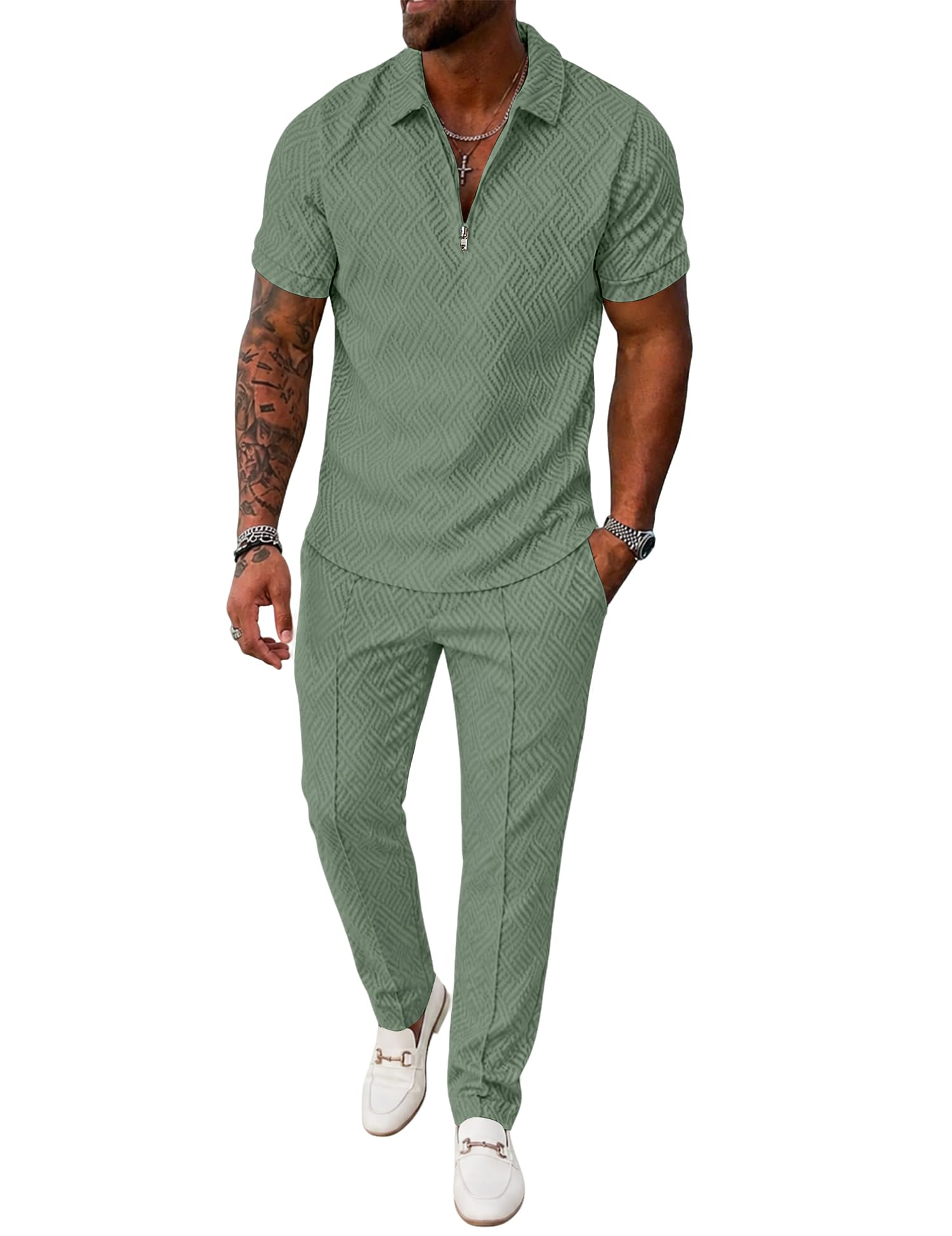 UOUA Mens 2 Piece Outfits 1/4 Zip Polo Casual Pants Summer Set Tracksuit