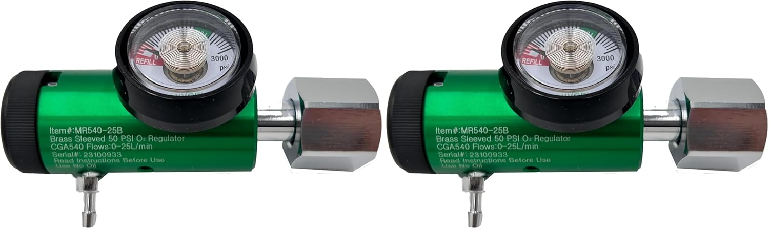 25LPM Oxygen Regulator CGA-540, Adjustable Flow 0-25 LPM - ASTM G175-03 - Aluminum/Brass, Max Inlet: 3000 PSI, Outlet: 50 PSI - Compact 1.38 inches X 6.29 inches (Pack of 2)