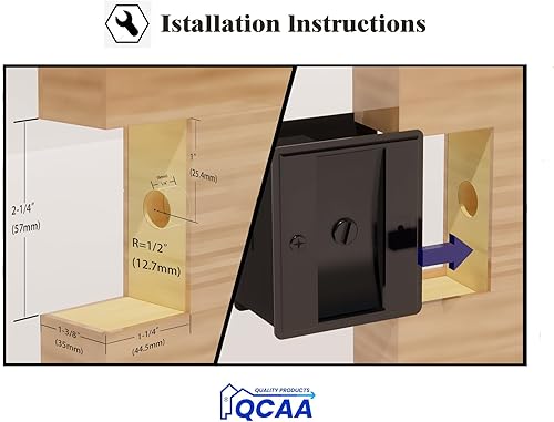 Miniatura 5 de QCAA Bolsillo de latón macizo para puerta corrediza con cerradura, negro mate, fabricado en Taiwán, paquete de 4