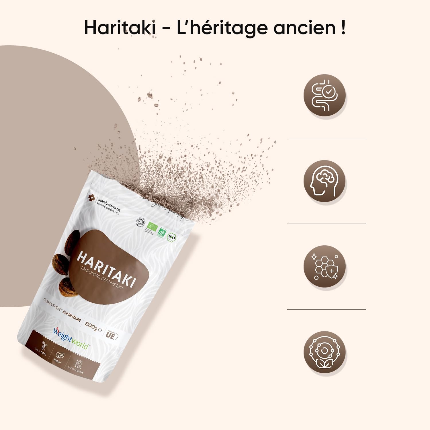 Haritaki Bio en Poudre 200g Poudre Ayurvedique Vegan Alternative à Triphala et Guggul, Certifiée Agriculture Biologique et Testée en Laboratoire, Source de Vitamines, Calcium, Fer, Terminalia Chebula