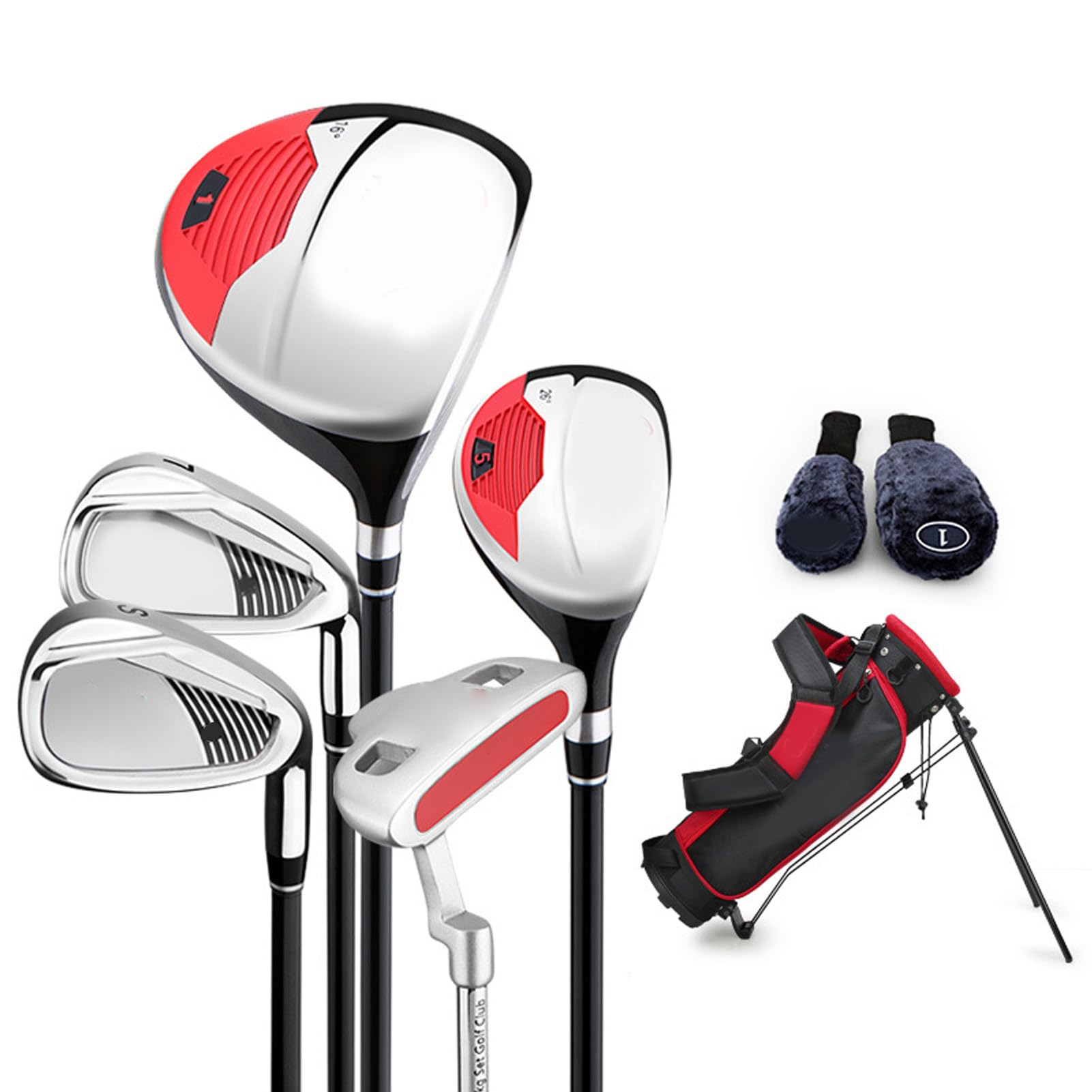 RiToEasysports Juego de club de golf para niños, putter de hierro híbrido de conductor completo con 5 clubes y sombreros para niños y niñas junior