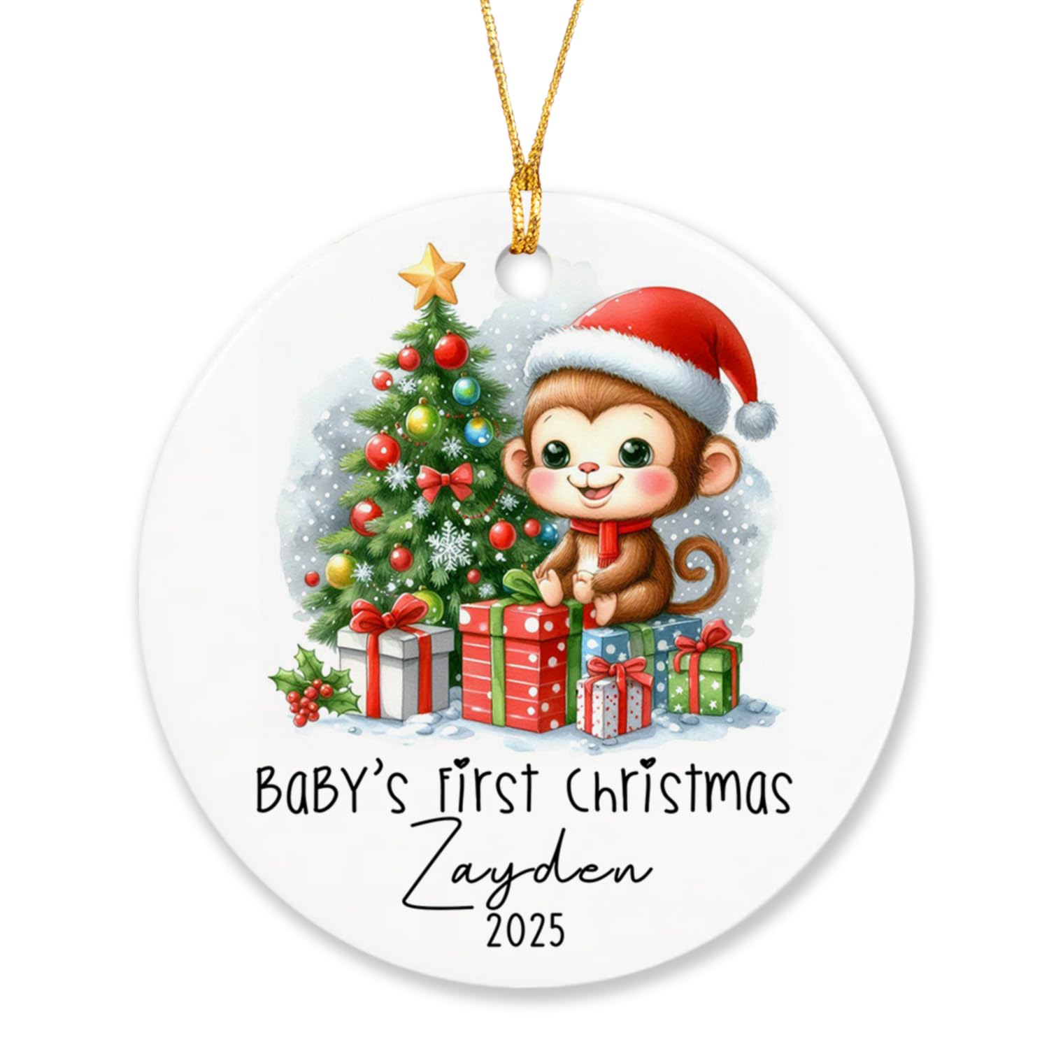 Custom Baby's First Christmas Ornament with Name & Year, Monkey Baby 1st Xmas Tree Ornament Decor, Personalized Monkey Baby's First Christmas Ornament for Kids Boy Girl, New Baby Keepsake Gift