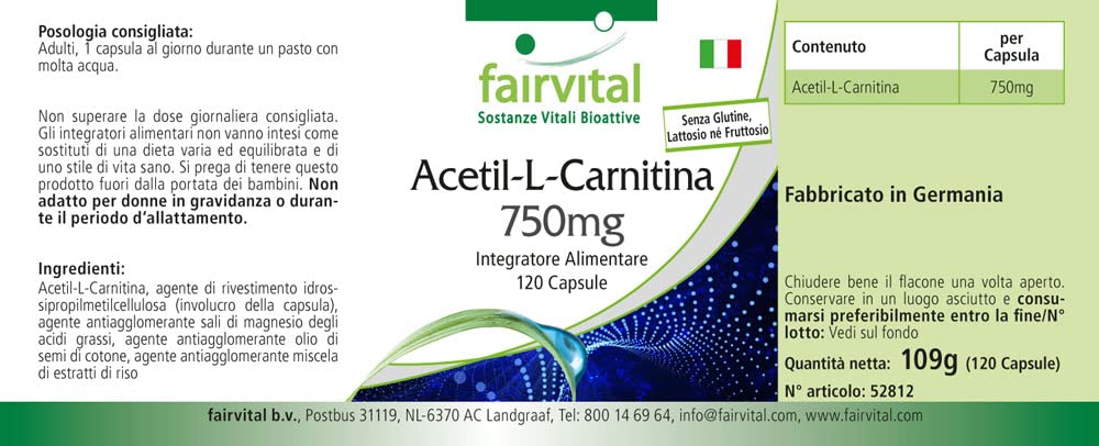 fairvital Acetil-L-carnitina ad alto dosaggio, 750 mg, ALTO DOSAGGIO,  VEGANO, 120 capsule : Amazon.it: Salute e cura della persona