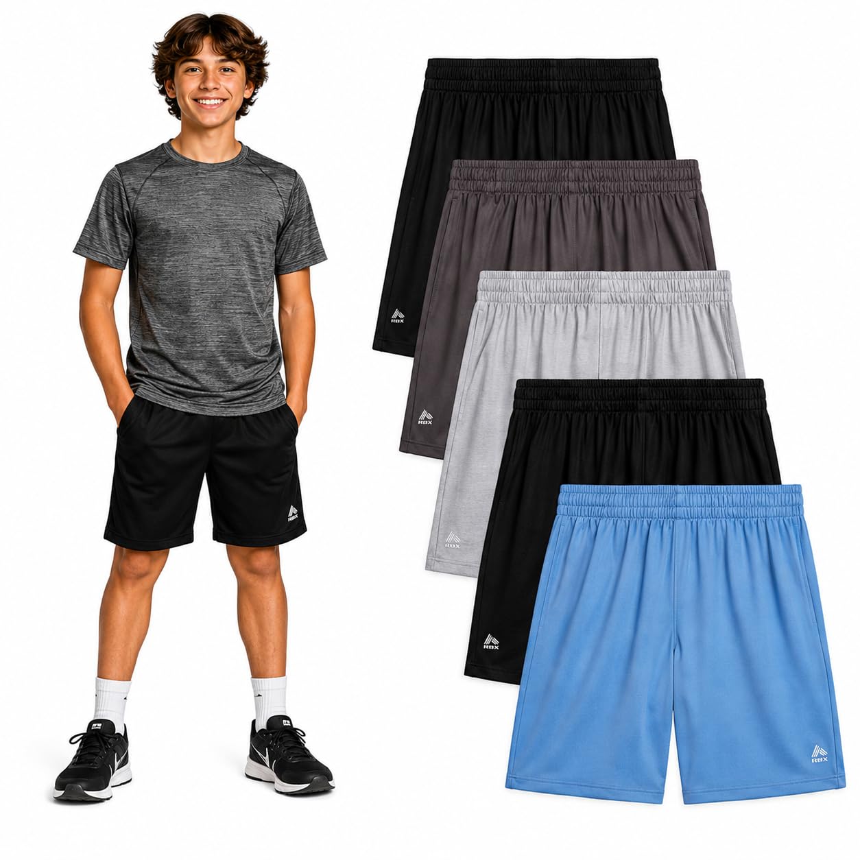 RBX Pantalones cortos deportivos para niño, paquete de 5 pantalones cortos deportivos de malla con cintura elástica y logotipo de sellado térmico (tallas: 8-16)