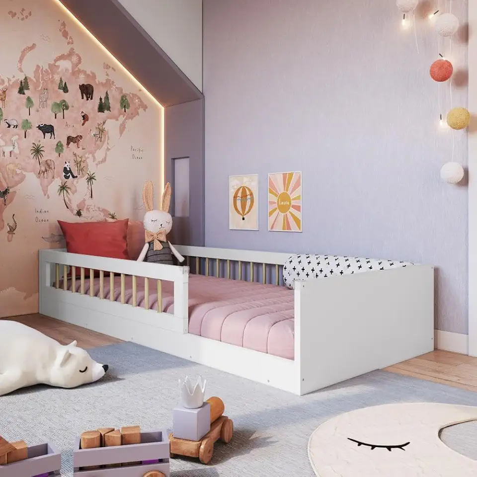 Cama Infantil de Chão Montessoriana de Solteiro para Menino e Menina com Grade de Proteção Lateral