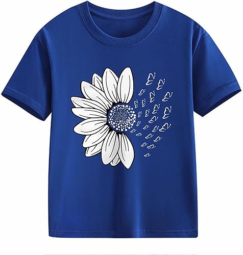 Girls Cute Flower Graphic T Shirts Crew Neck Short Sleeve Casual Tops Summer Cotton Loose Trendy Tees Shirts Clothes(Blue,12-13 Years)