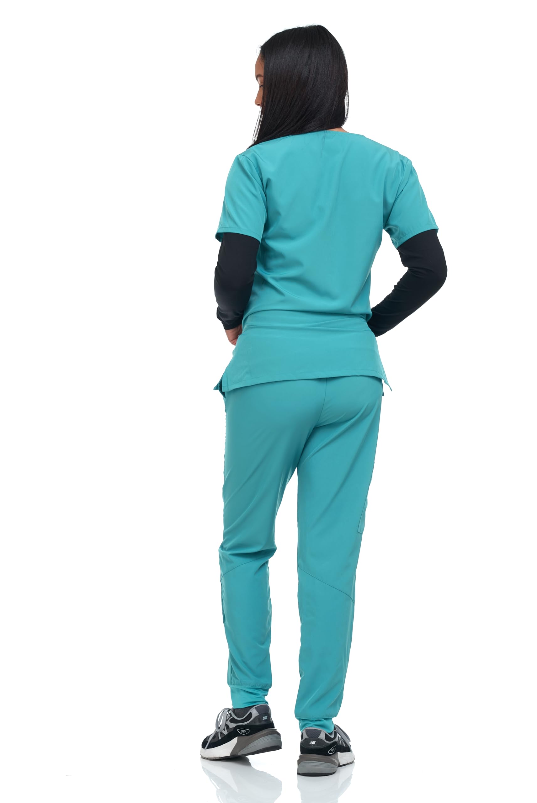 Flex Core New York Scrub Set Top with Long Knitted Sleeves and Jogger Pants with 3 Pockets Stretch Lightweight (Teal, Medium)