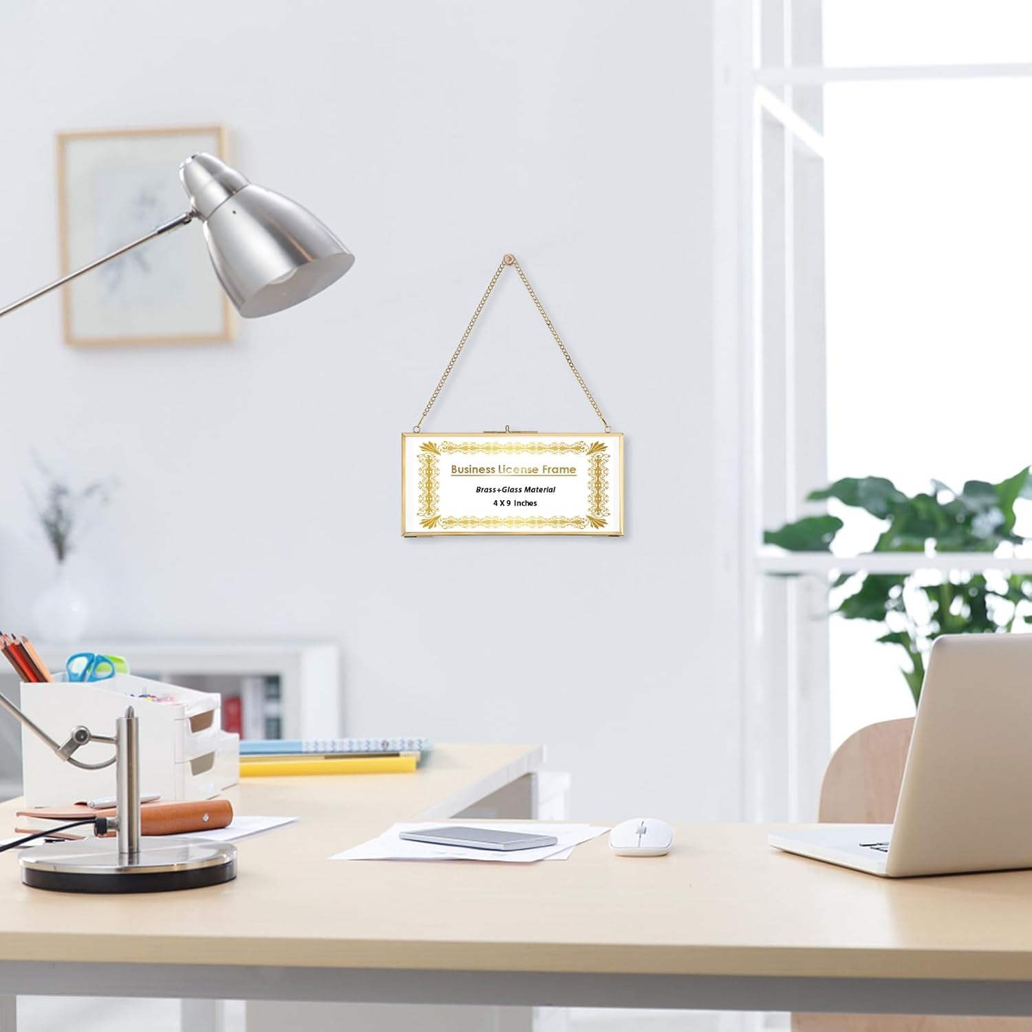 JUXYES 2 Pack Wall Hanging Business License Frame Brass License Certificate Display Frame, Double Glass Floating Diploma Frames, Wall Mount Golden Graduation Frames for 4x9 and 3.5x8.5 Certificate Business Licenses