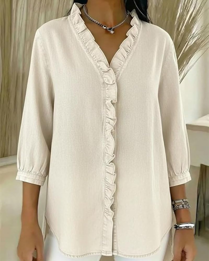 Camisa Vaquera con Volantes y Cuello V, Manga 3/4 Suave con Dobladillo Asimétrico para Primavera
