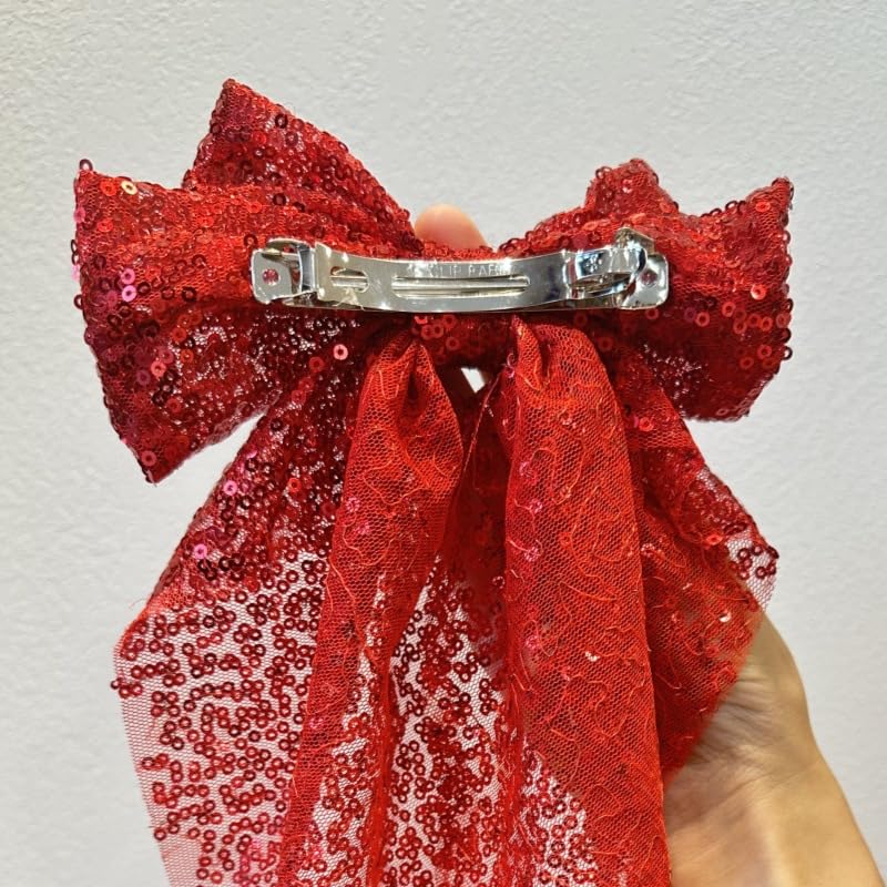 Red Glitter Sequin Hair Bow Clips for Women Girls Big Hair Bows Barrettes Ribbon 8 inch Bow Hair Clip Sparkly Hair Ribbons Bowknot Hair Clips for Women Festival Hair Accessories - Image 4