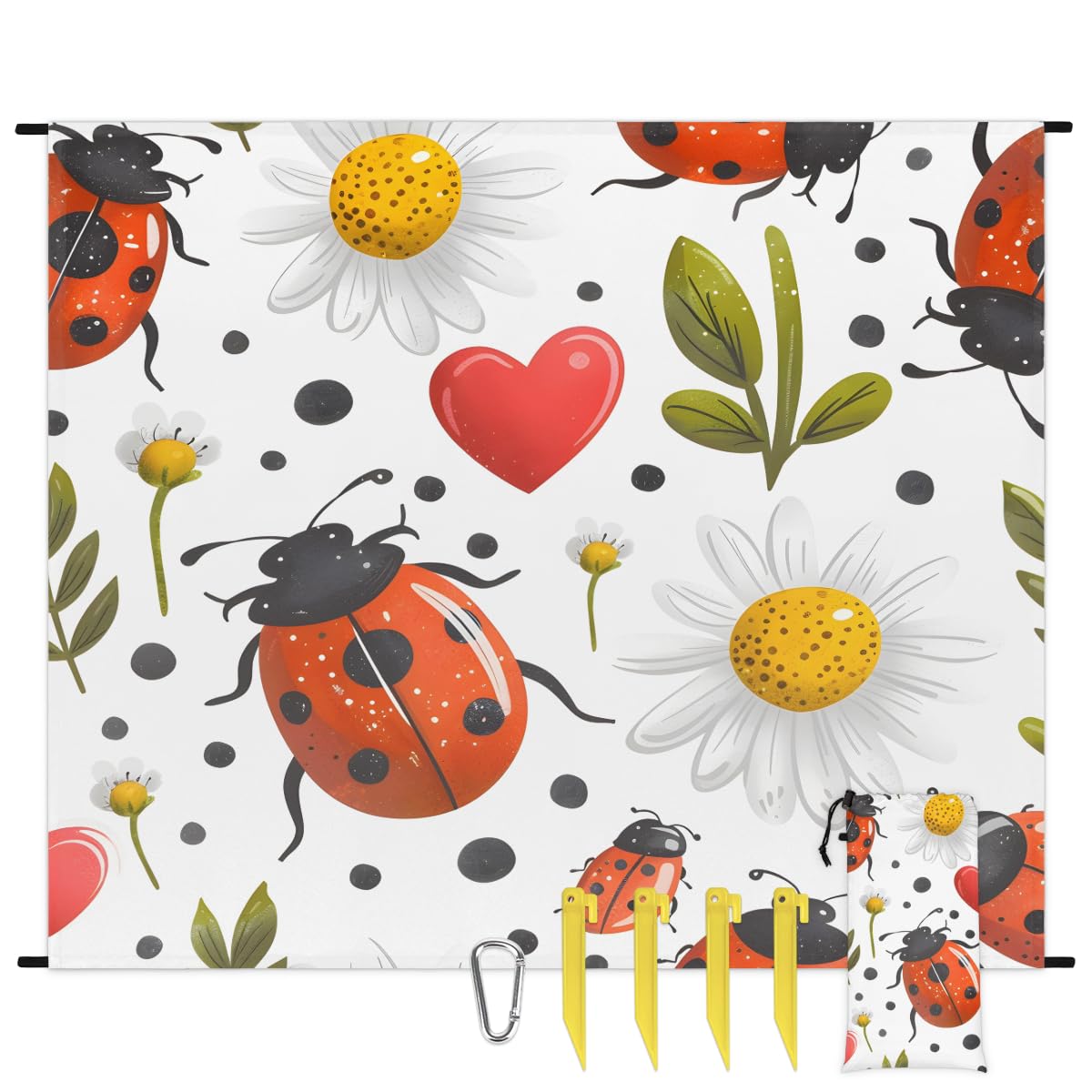 Eabrults Waterproof Sandproof Beach Blanket, 59''×68'' Ladybird Polyester Outdoor Picnic Blanket with 4 Stakes & Storage Bag for Beach,Camping,Vacation White Bottom