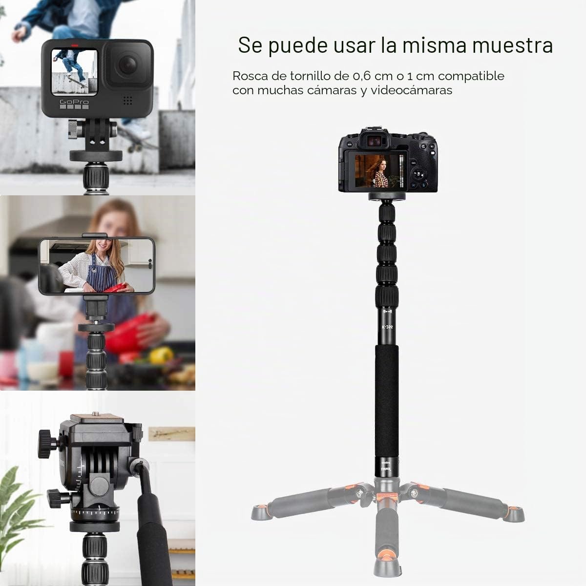 Koolehaoda Monopod de 6 Secciones, Compacto, portátil, para fotografía, Unipod Stick de aleación de Aluminio, Carga máxima de 10 kg, el tamaño Plegable es de Solo 38 cm (Negro)