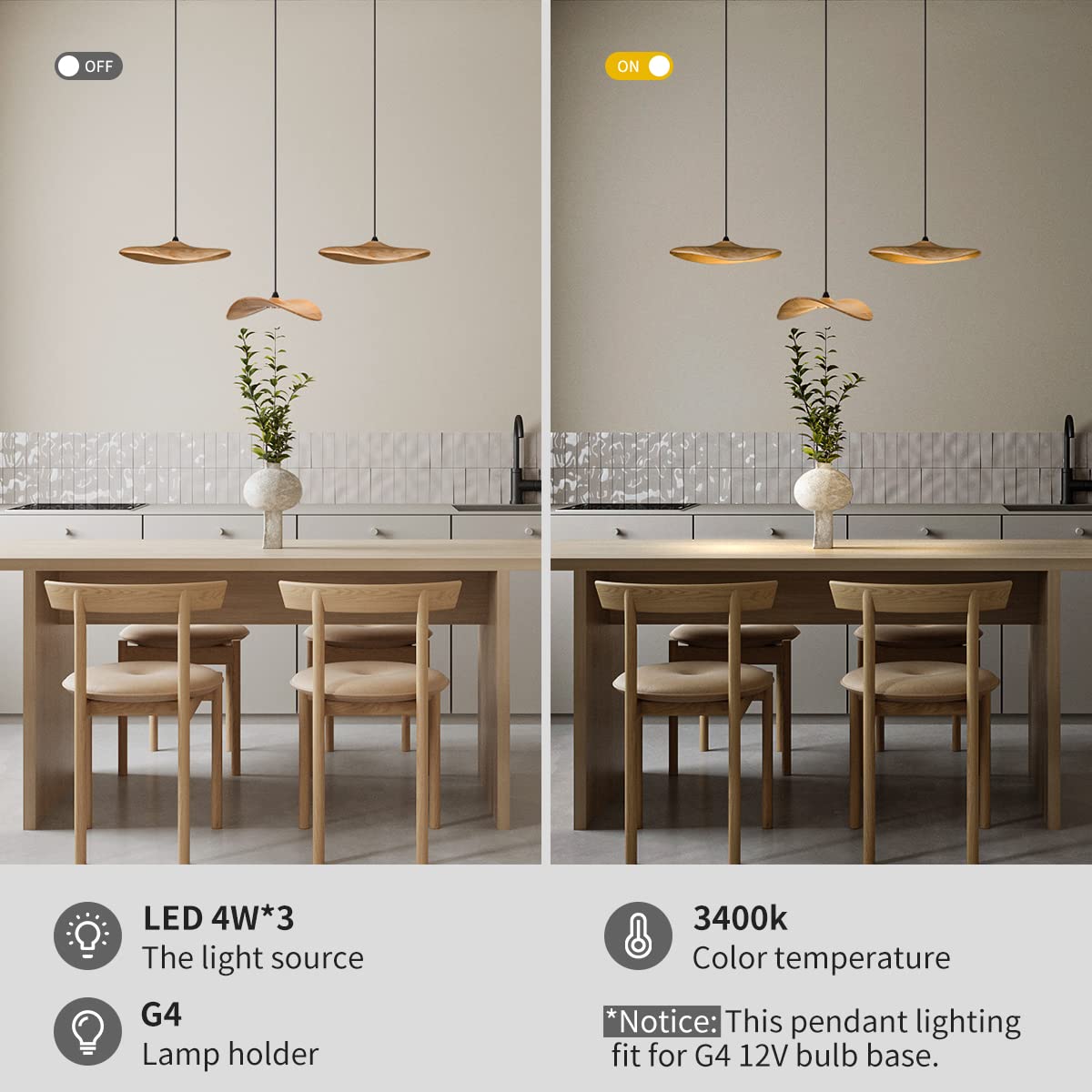 Kitchen Island Lighting Pendant Light, 3-Lights Dining Room Light Fixture with Wooden Lampshade Hanging Kitchen Chandelier for Dining Room Kitchen Bar Pool Table, Shallow Wood (Buld Included)