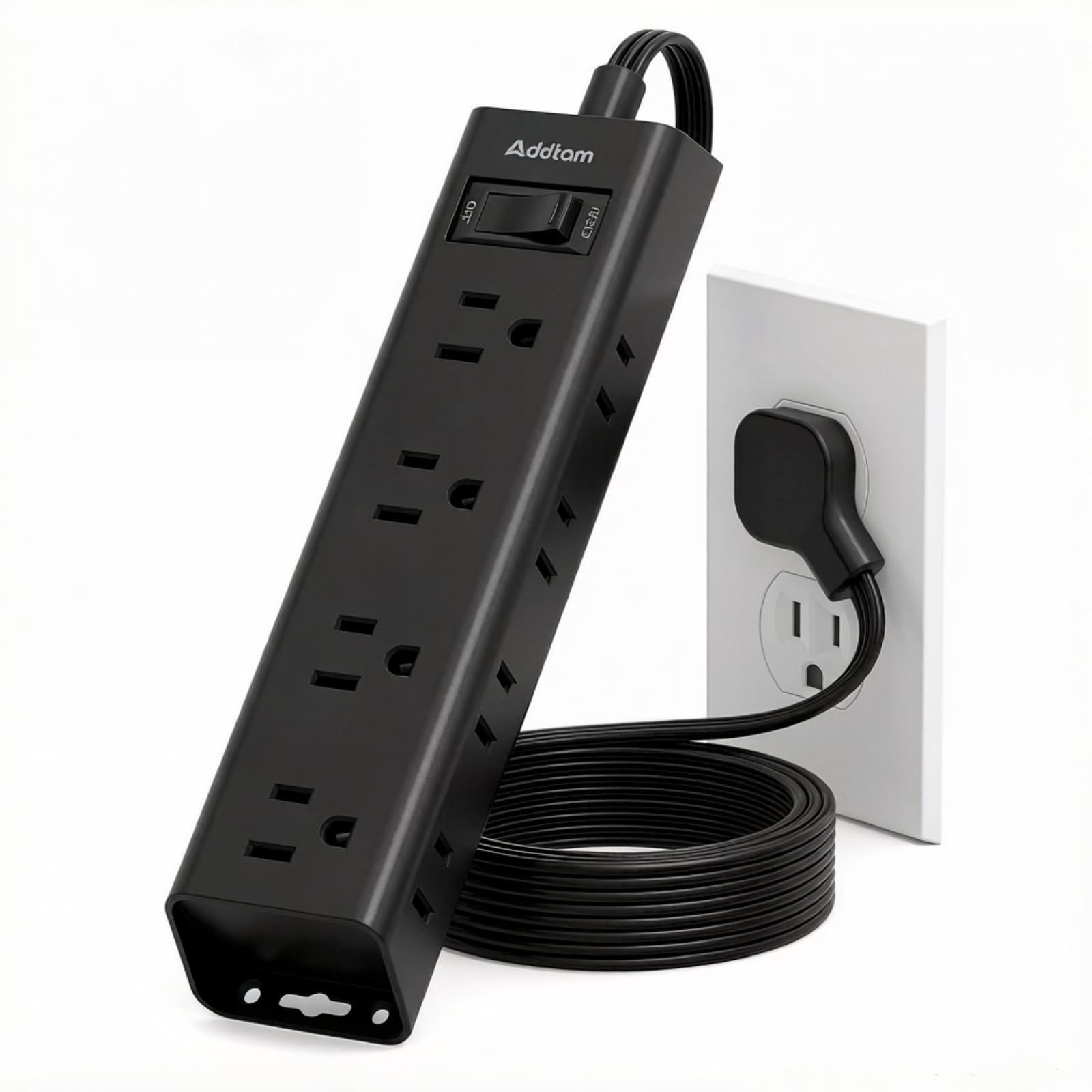 Addtam Power Strip Surge Protector with 12 Outlets, Flat Plug Extension Cord 10FT, Ultra Thin Wall Plug, 3-Side Wide Spaced Outlet Extender, Wall Mount Desk Charging Station for Home Office Garage Black 10 Ft
