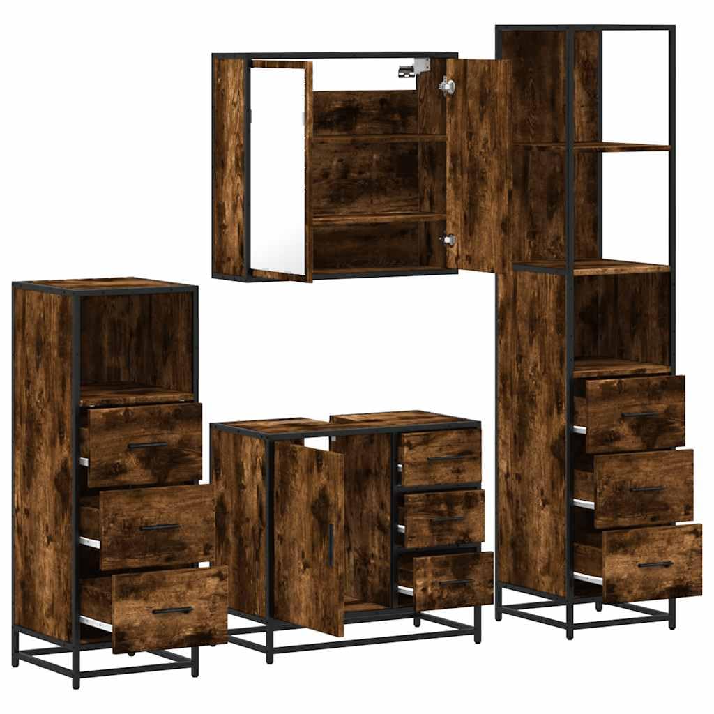 4-teiliges Badmoebel Set Raeuchereiche Holzwerkstoff mit Spiegelschrank, Waschtisch Unterschrank, Hochschrank und Haengeschrank Fuer Stauraum, Ordnung im Badezimmer