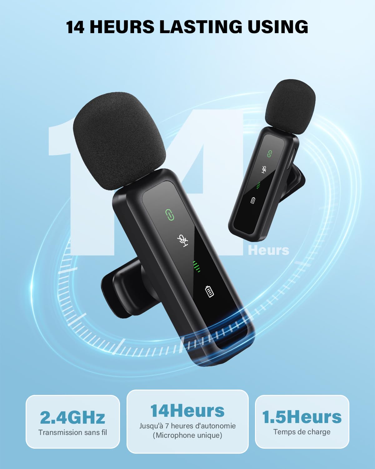 Microphone de Lavalier sans fil pour iPhone, iPad, appareils Android - Mini microphone à pince avec suppression du bruit, appairage automatique, sourdine et réverbération, idéal pour le Vlogging