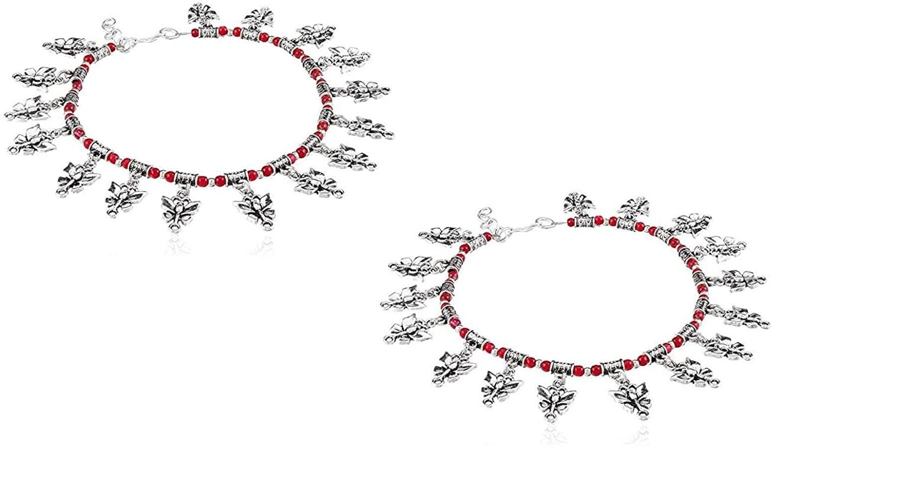 Septreize German Silver Womens 1 Pair Classy & Vintage Style Boho Tibetan Oxidized Anklets - Butterfly Charm, 6G-U697-Y90W (Silver)