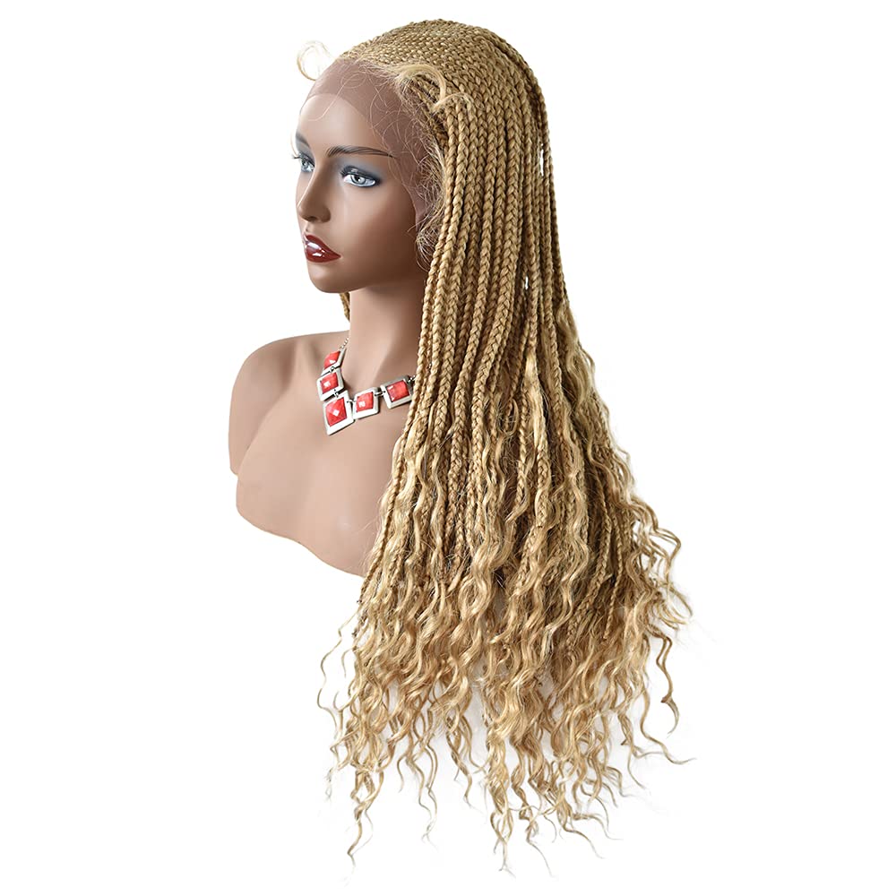 28" Long Curly Braided Lace Front Wigs for Black Women African Curls Ends Cornrow Dutch Micro Box Braiding Wig With Baby Hair Natural Looking Premium Quality Synthetic #27/613M Blonde Color