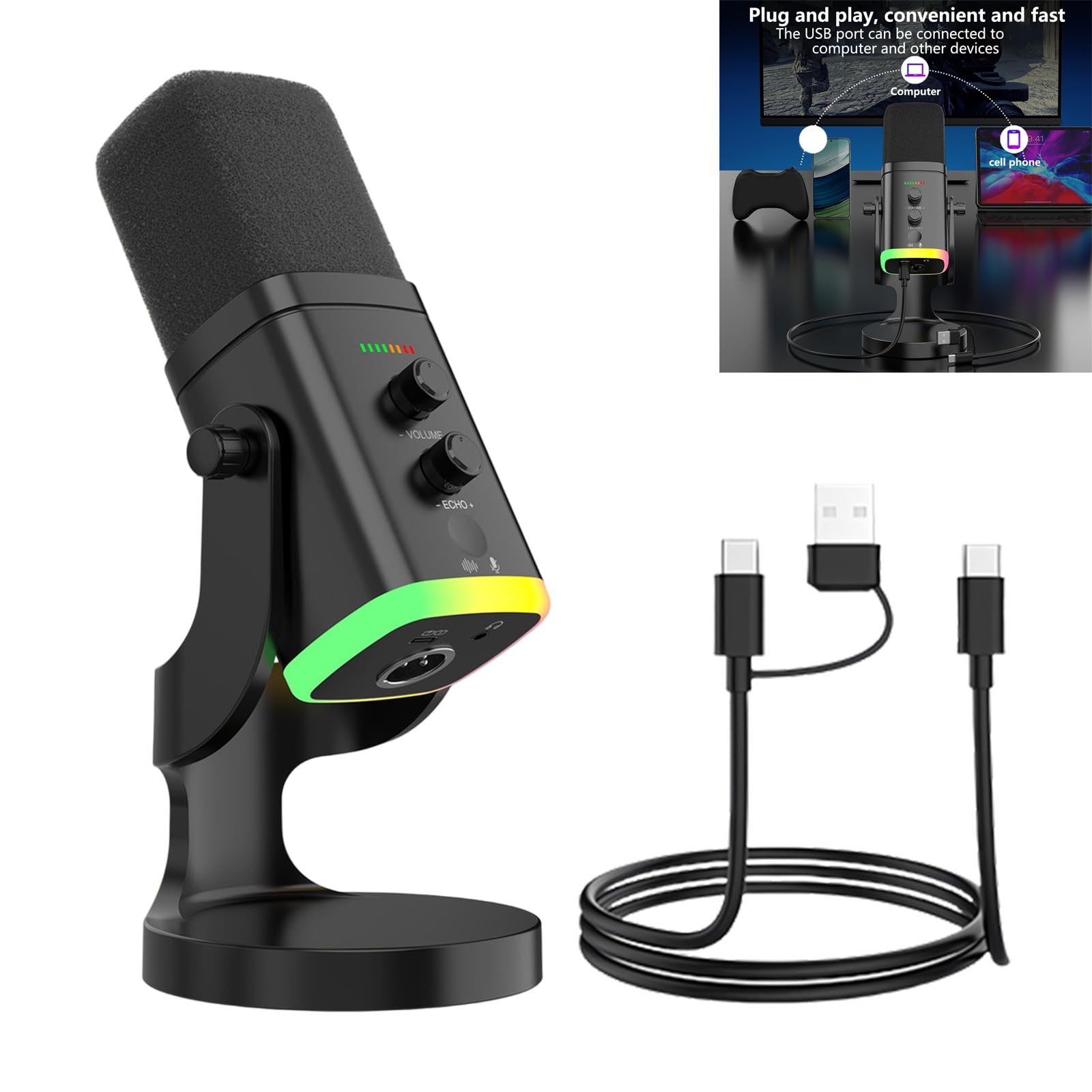 Microfono USB con protezione antivento integrata e display a colori, ideale per studio domestico e riunioni online, microfono per computer