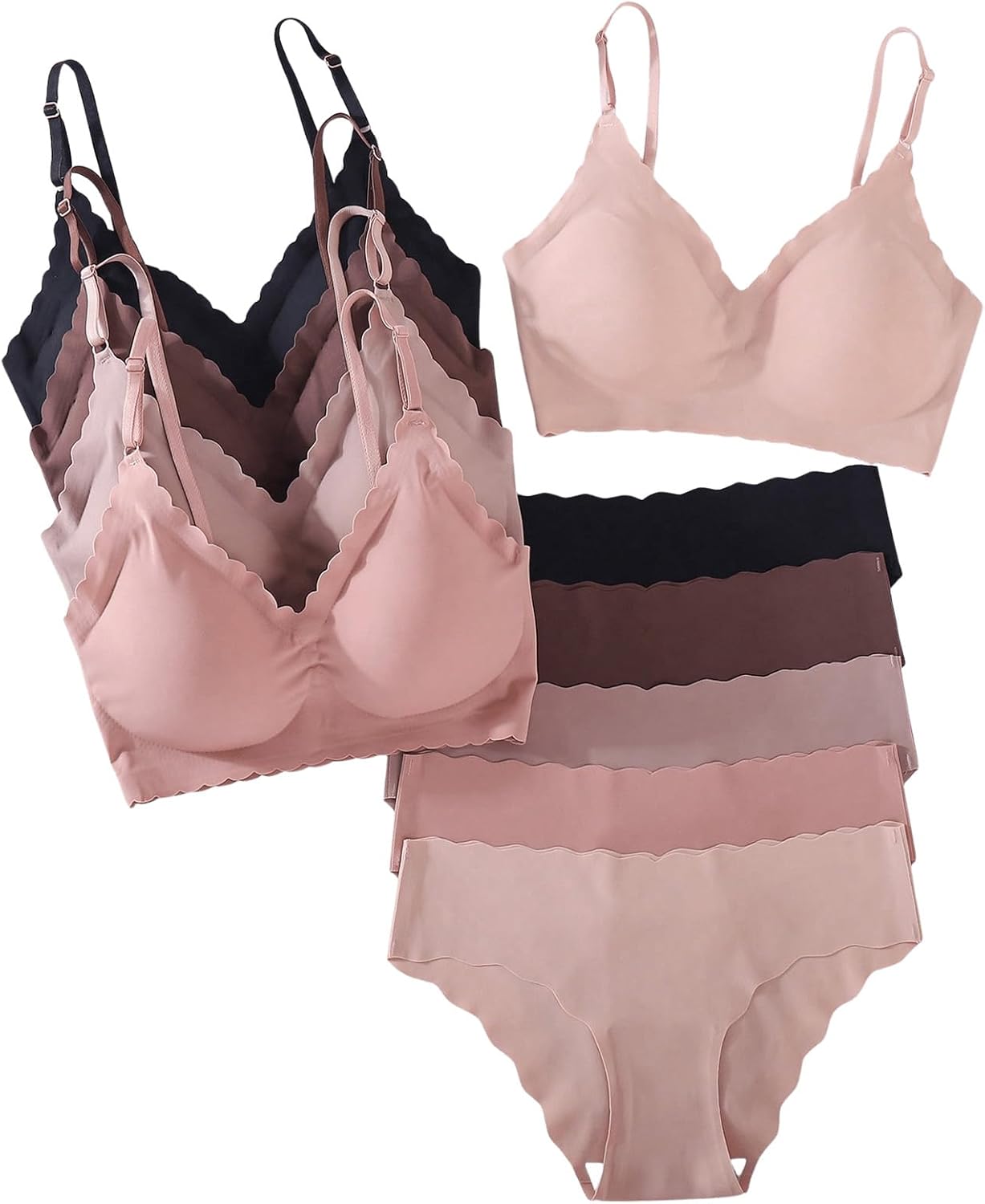 Women's 5 Pack Seamless Lingerie Sets Scallop Trim Wireless Bralettes No Show Bra and Panty Sets Matching Underwear