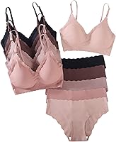 BEAUDRM Women's 5-Pack Seamless Scallop Trim Wireless Bralettes & Matching No-Show Panties - Comfortable Lingerie Sets